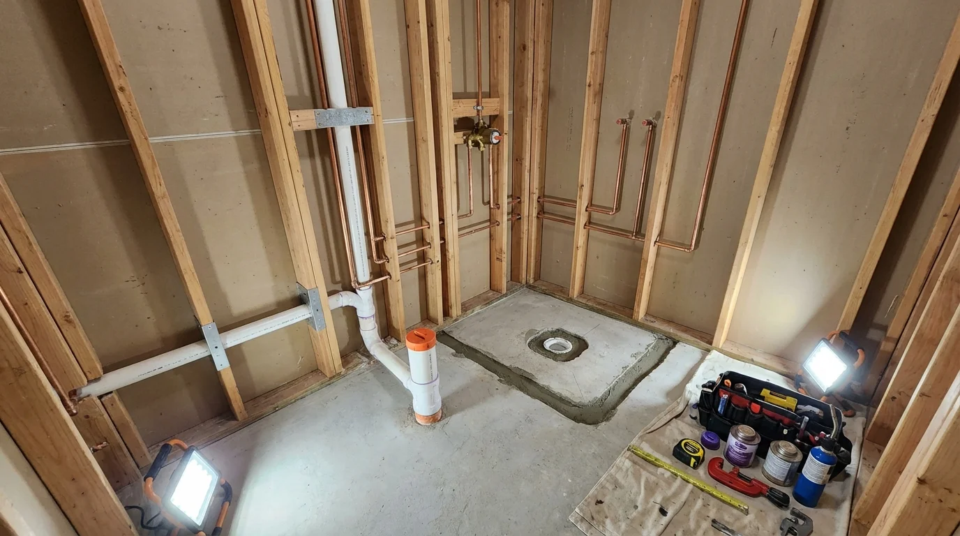 Bathroom rough-in plumbing during remodel by Johns Plumbing LLC in Miamisburg
