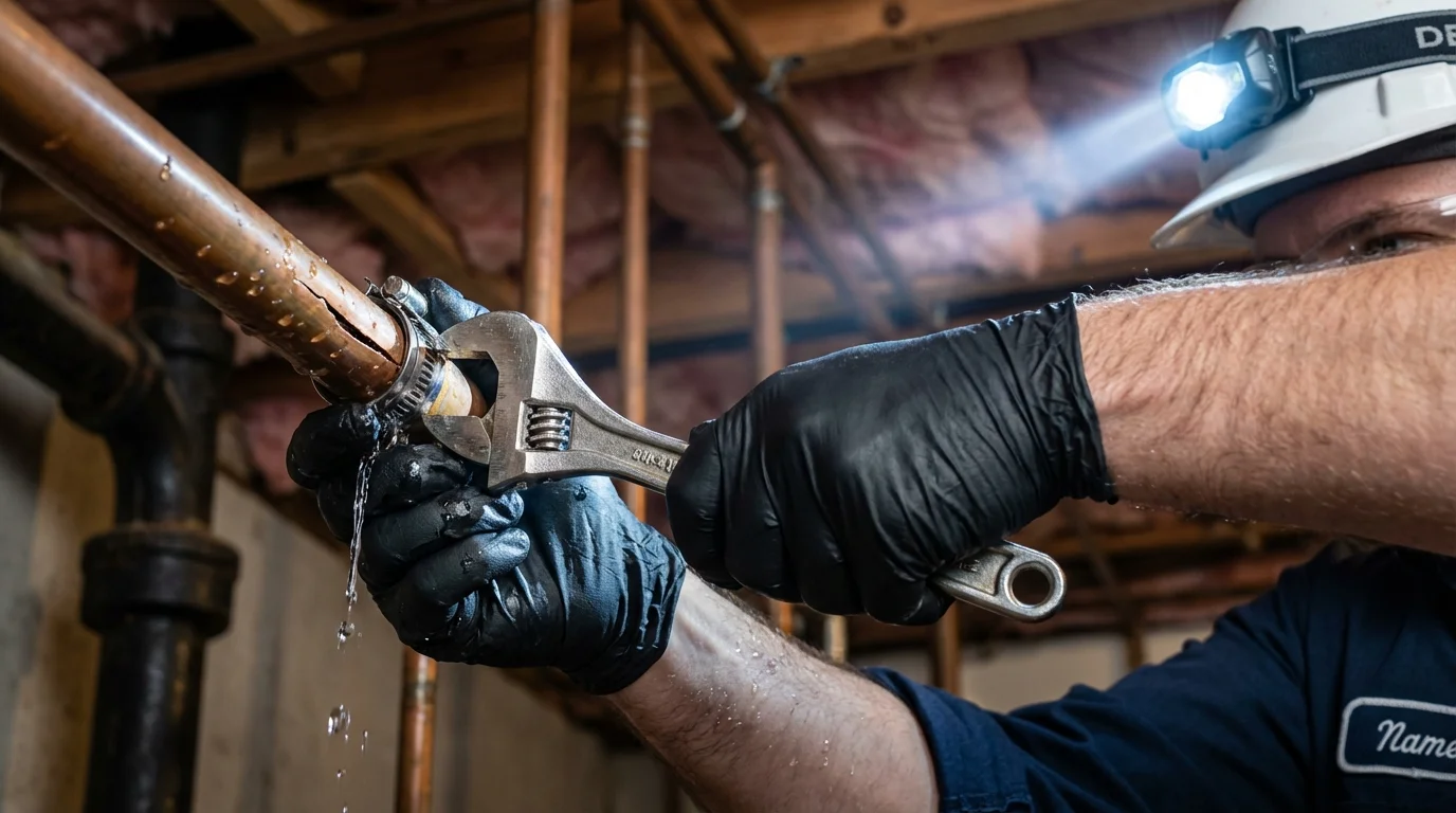 Emergency pipe clamp repair being performed by a Johns Plumbing LLC plumber in Miamisburg