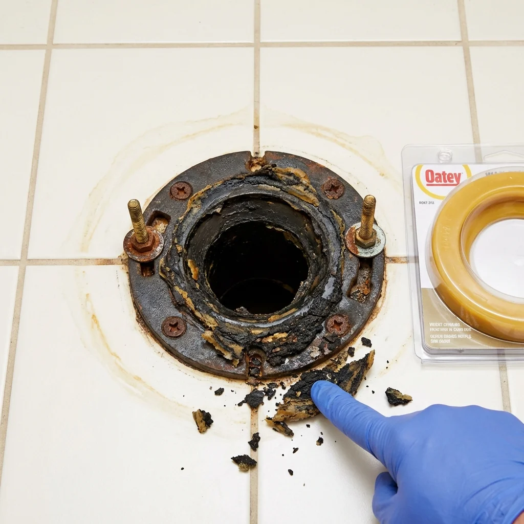 Failed wax ring showing water seepage at the base of a toilet in a Miamisburg, OH home