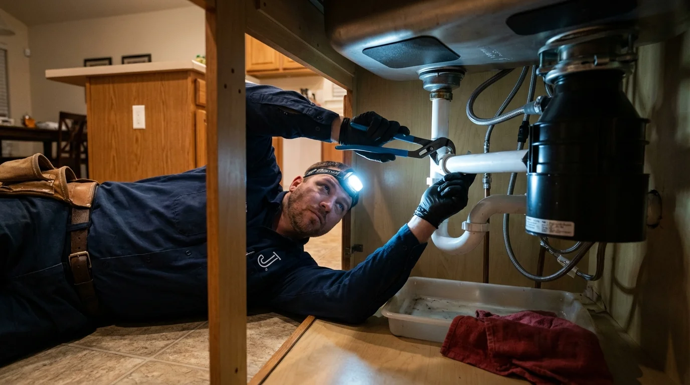 P-trap and supply line connections under a kitchen sink showing a common leak point in Miamisburg, OH